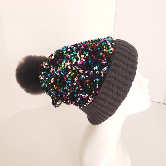 Dull Black Colorful Sequin Winter Beanie Bobble Hat - Picture 3 of 14